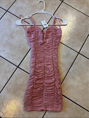 Windsor Pink Pearl-Studded Ruched Mini Dress